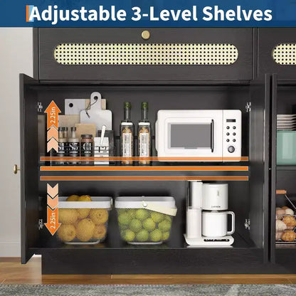 Mobile Credenza in Rattan da 60'' con 2 Cassetti e 4 Ante in Rattan, Madia con Ripiani Regolabili per Sala da Pranzo, Salotto e Ingresso
