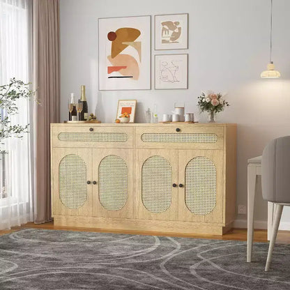 Mobile Credenza in Rattan da 60'' con 2 Cassetti e 4 Ante in Rattan, Madia con Ripiani Regolabili per Sala da Pranzo, Salotto e Ingresso