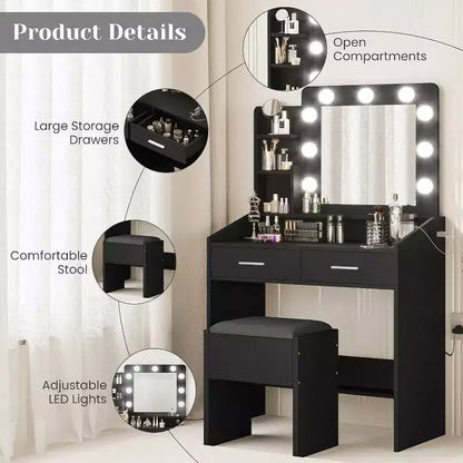Toeletta con specchio e luci per camera da letto, tavolo da trucco con 2 cassetti, 3 modalità di illuminazione e LED dimmerabili, Toeletta con specchio e luci per camera da letto