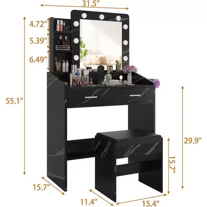 Toeletta con specchio e luci per camera da letto, tavolo da trucco con 2 cassetti, 3 modalità di illuminazione e LED dimmerabili, Toeletta con specchio e luci per camera da letto