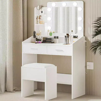 Toeletta con specchio e luci per camera da letto, tavolo da trucco con 2 cassetti, 3 modalità di illuminazione e LED dimmerabili, Toeletta con specchio e luci per camera da letto