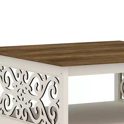 Tavolino da caffè quadrato in legno con pannelli decorativi intagliati e ripiano inferiore – 34,9"