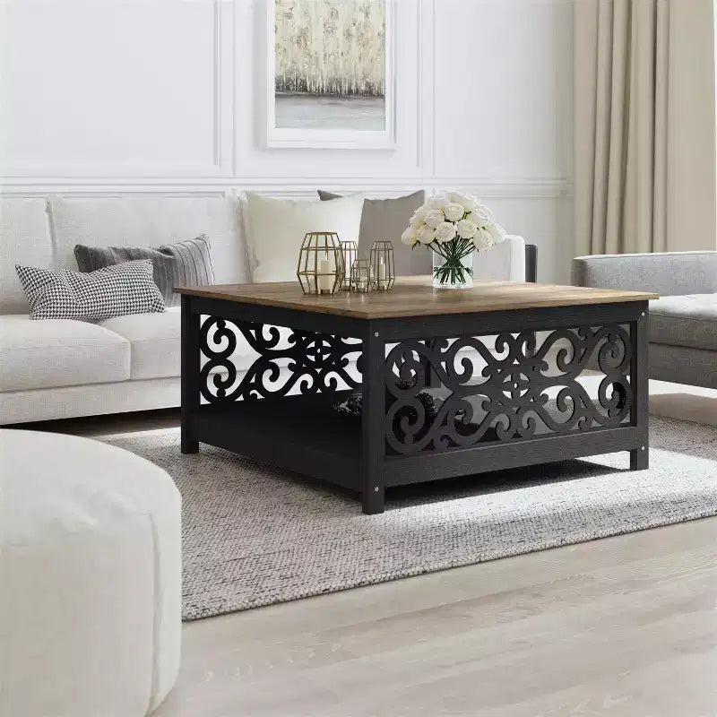 Tavolino da caffè quadrato in legno con pannelli decorativi intagliati e ripiano inferiore – 34,9"