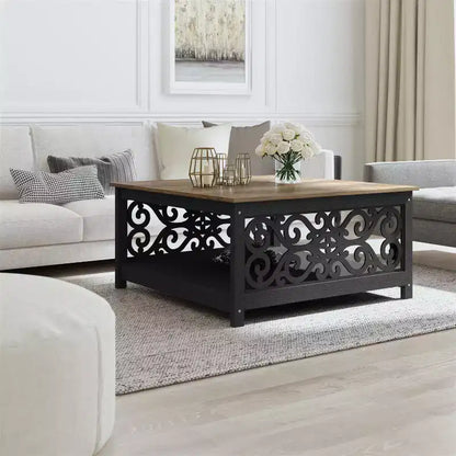 Tavolino da caffè quadrato in legno con pannelli decorativi intagliati e ripiano inferiore – 34,9"