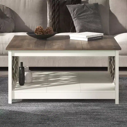 Tavolino da caffè quadrato in legno con pannelli decorativi intagliati e ripiano inferiore – 34,9"