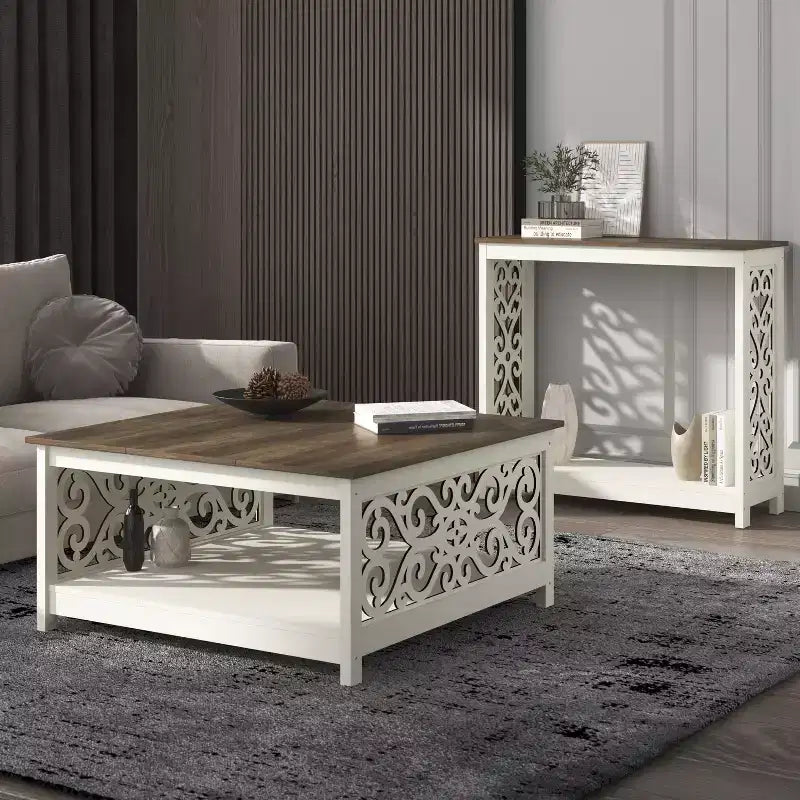 Tavolino da caffè quadrato in legno con pannelli decorativi intagliati e ripiano inferiore – 34,9"
