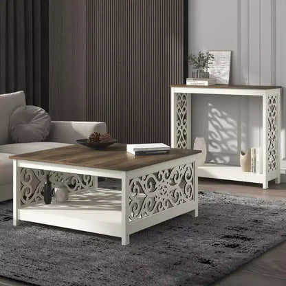 Tavolino da caffè quadrato in legno con pannelli decorativi intagliati e ripiano inferiore – 34,9"