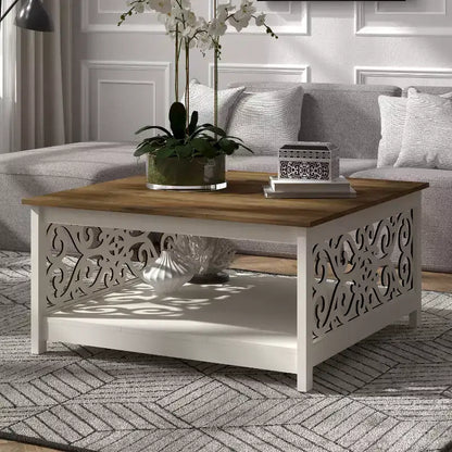 Tavolino da caffè quadrato in legno con pannelli decorativi intagliati e ripiano inferiore – 34,9"