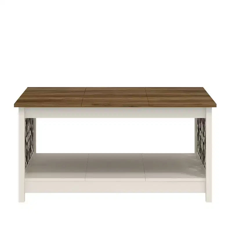 Tavolino da caffè quadrato in legno con pannelli decorativi intagliati e ripiano inferiore – 34,9"