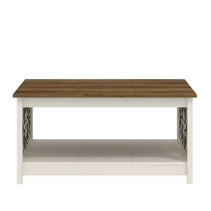 Tavolino da caffè quadrato in legno con pannelli decorativi intagliati e ripiano inferiore – 34,9"