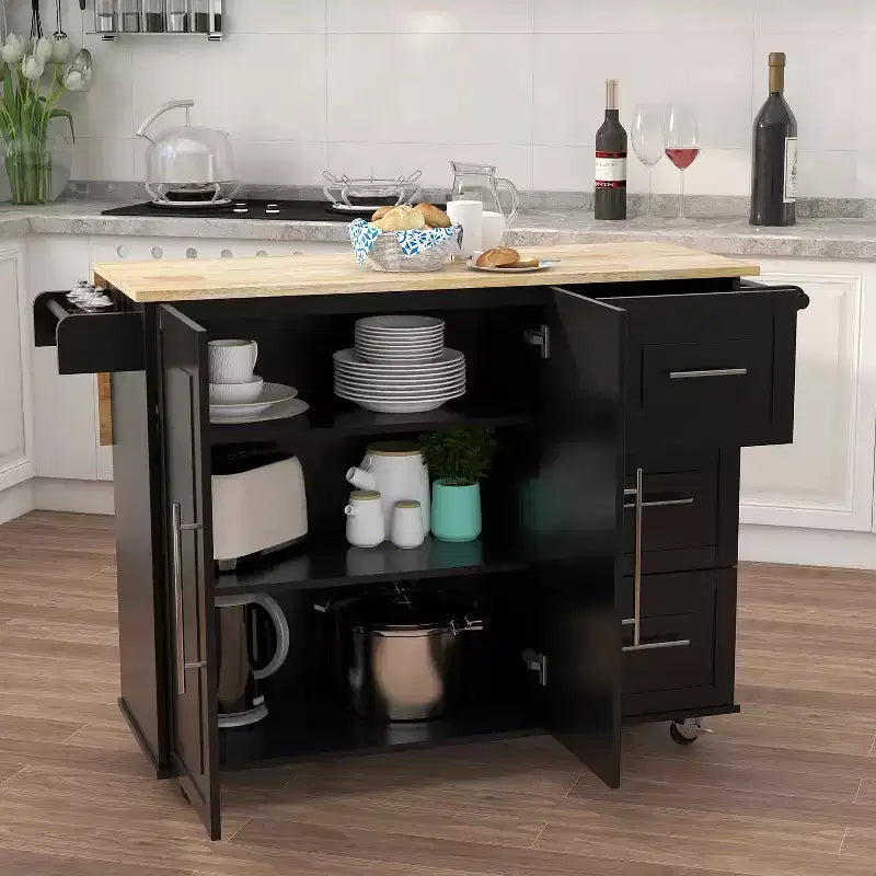 Isola da Cucina Nera con Piano Estensibile in Legno Massello, Porta Spezie e Porta Salviette
