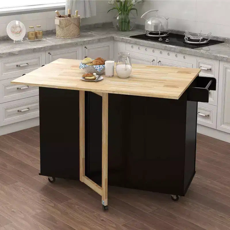 Isola da Cucina Nera con Piano Estensibile in Legno Massello, Porta Spezie e Porta Salviette