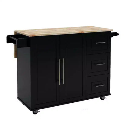 Isola da Cucina Nera con Piano Estensibile in Legno Massello, Porta Spezie e Porta Salviette