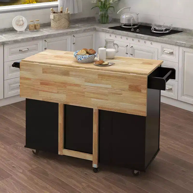 Isola da Cucina Nera con Piano Estensibile in Legno Massello, Porta Spezie e Porta Salviette