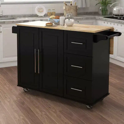 Isola da Cucina Nera con Piano Estensibile in Legno Massello, Porta Spezie e Porta Salviette