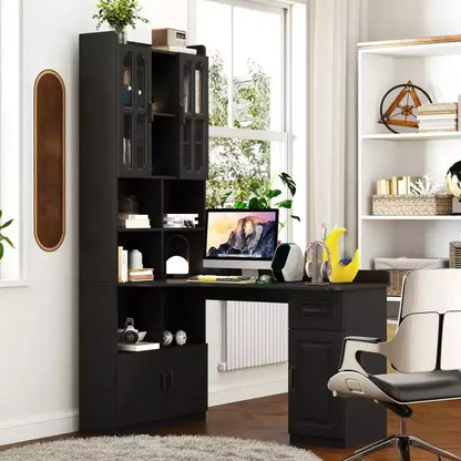 L Shaped Computer Desk With Hutch, Office Corner Desk with Drawer & Bookshelf, Study Table Writing Desk, Gaming Computer Desk for Study Room Black