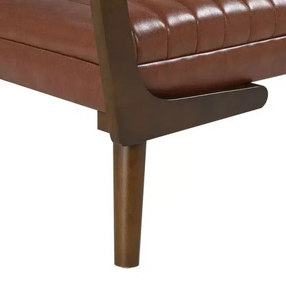 Panca contenitore imbottita in ecopelle con trapuntatura a canale in stile metà secolo, 132 cm, gambe in noce