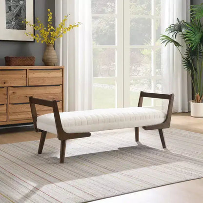 Panca contenitore imbottita in ecopelle con trapuntatura a canale in stile metà secolo, 132 cm, gambe in noce