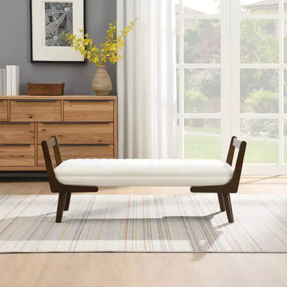 Panca contenitore imbottita in ecopelle con trapuntatura a canale in stile metà secolo, 132 cm, gambe in noce
