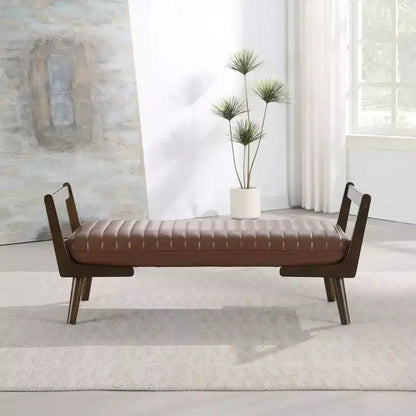 TUYOHW 52 Modern Bench,Channel Tufted Upholstered Storage Bench with Walnut Wood Legs,Faux Leather Footrest Stool for Living Room,Bedroom,Entryway