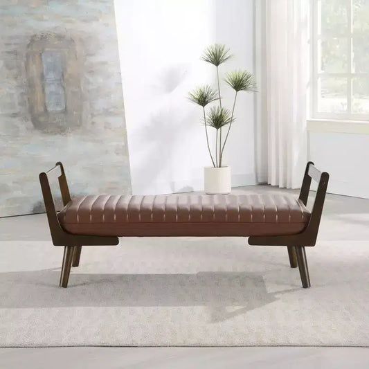 TUYOHW 52 Modern Bench,Channel Tufted Upholstered Storage Bench with Walnut Wood Legs,Faux Leather Footrest Stool for Living Room,Bedroom,Entryway