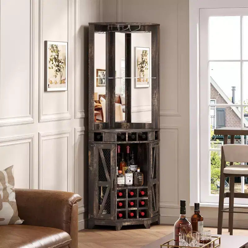 Mobile angolare da bar rustico alto 183 cm con anta scorrevole e portabottiglie – Noce