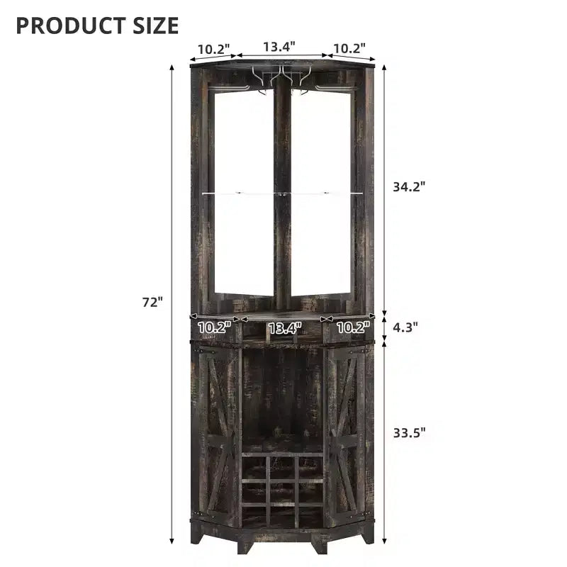 Mobile angolare da bar rustico alto 183 cm con anta scorrevole e portabottiglie – Noce