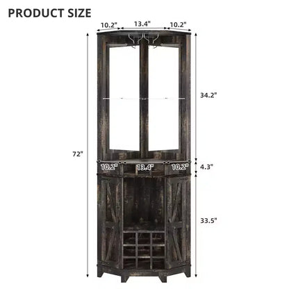 Mobile angolare da bar rustico alto 183 cm con anta scorrevole e portabottiglie – Noce