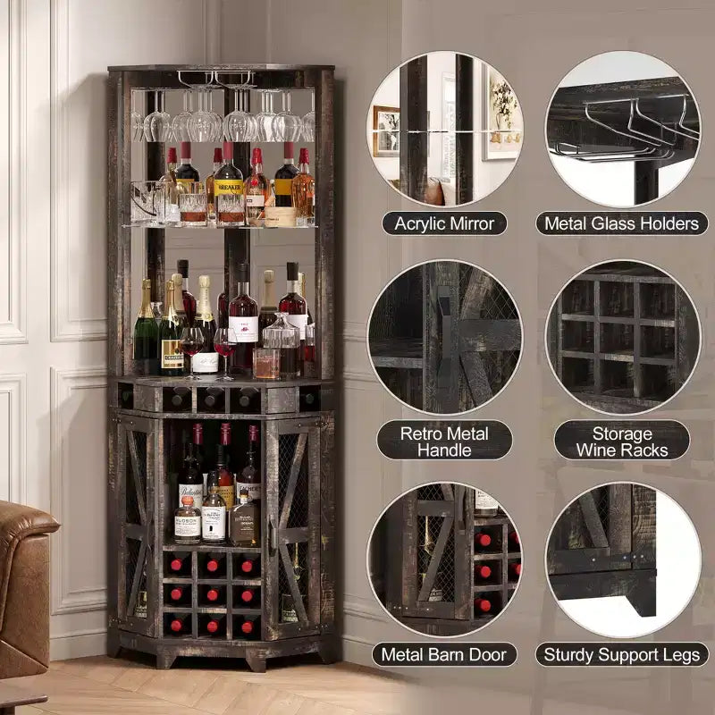 Mobile angolare da bar rustico alto 183 cm con anta scorrevole e portabottiglie – Noce