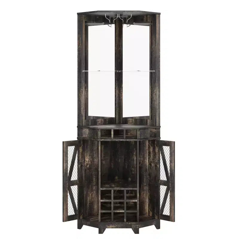 Mobile angolare da bar rustico alto 183 cm con anta scorrevole e portabottiglie – Noce