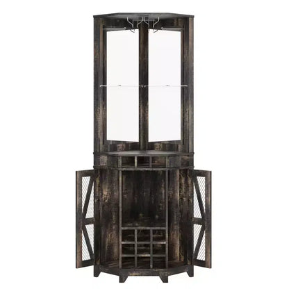 Mobile angolare da bar rustico alto 183 cm con anta scorrevole e portabottiglie – Noce