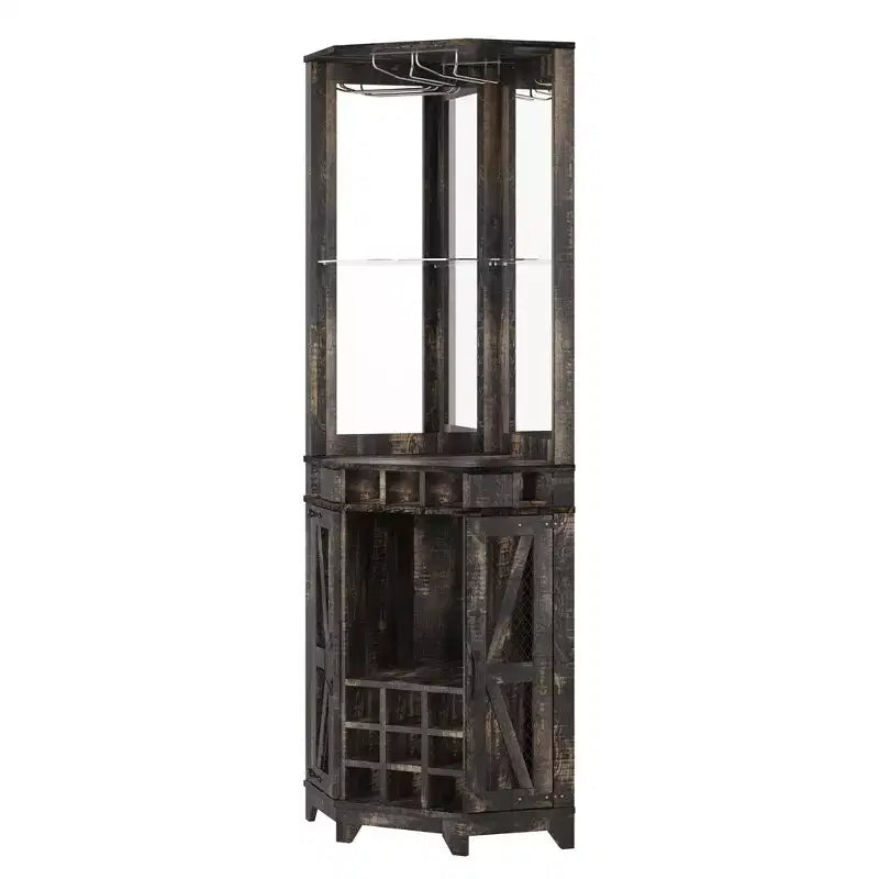 Mobile angolare da bar rustico alto 183 cm con anta scorrevole e portabottiglie – Noce