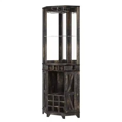 Mobile angolare da bar rustico alto 183 cm con anta scorrevole e portabottiglie – Noce