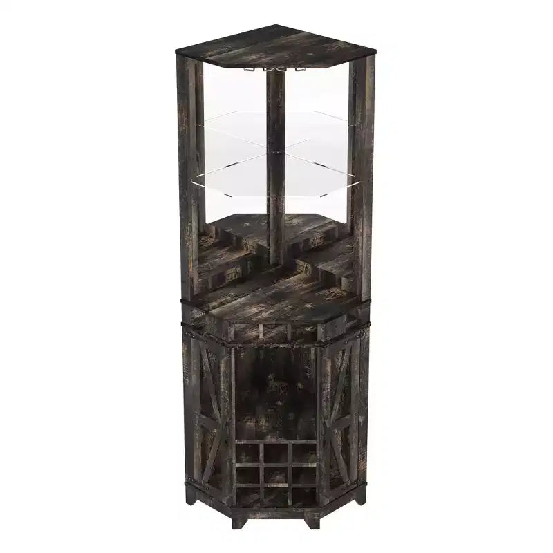 Mobile angolare da bar rustico alto 183 cm con anta scorrevole e portabottiglie – Noce