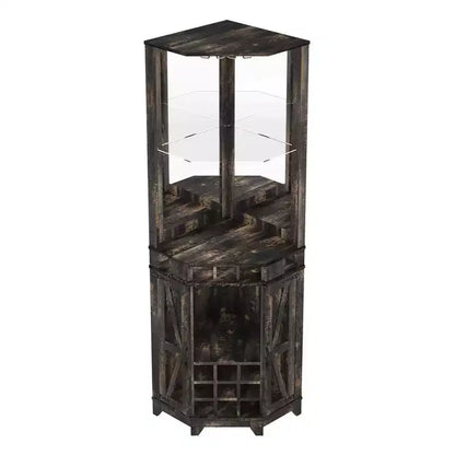 Mobile angolare da bar rustico alto 183 cm con anta scorrevole e portabottiglie – Noce