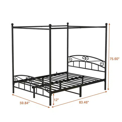 Telaio Letto a Baldacchino in Metallo Resistente, Supporto Stabile Senza Rumore, Nero – Matrimoniale Francese/Standard