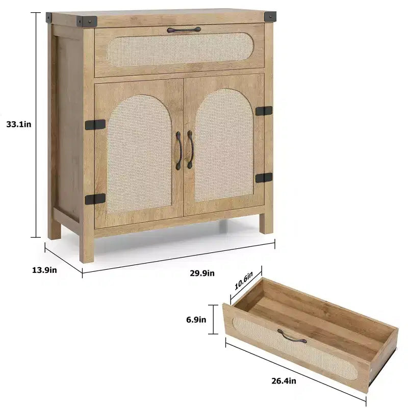 Madia in Legno Naturale con Ante in Rattan, Cassetto e Ripiani Regolabili