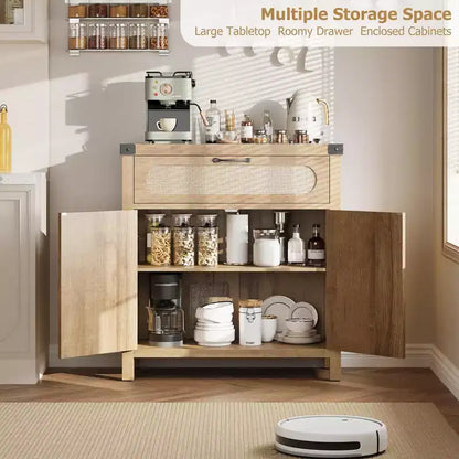Madia in Legno Naturale con Ante in Rattan, Cassetto e Ripiani Regolabili