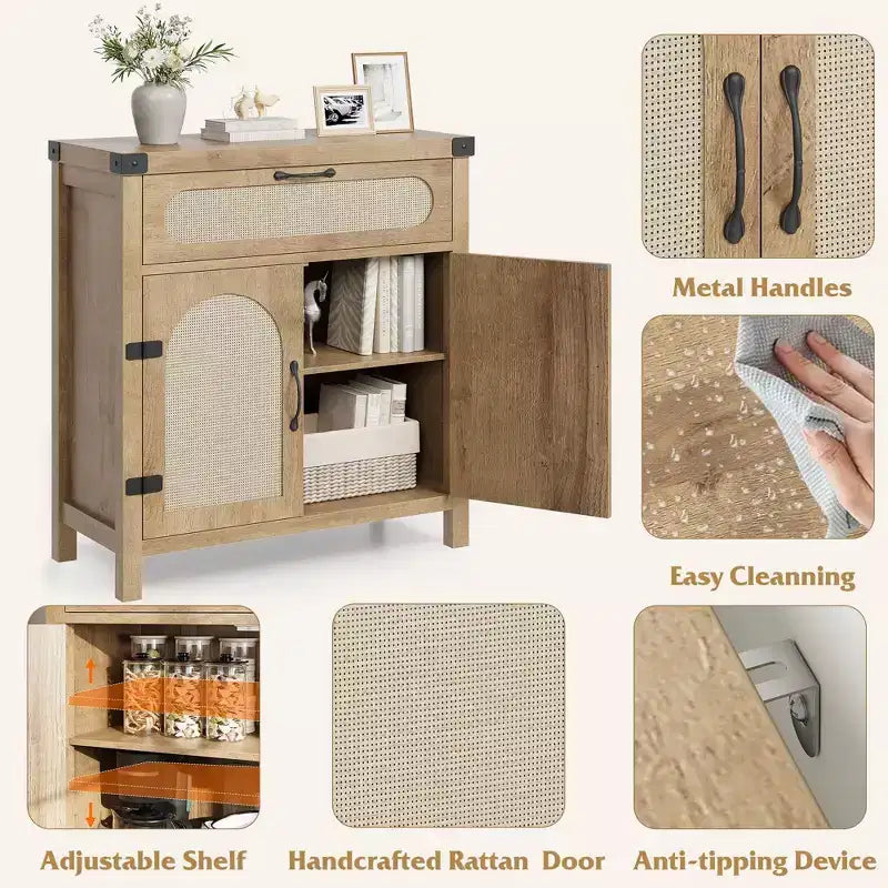 Madia in Legno Naturale con Ante in Rattan, Cassetto e Ripiani Regolabili