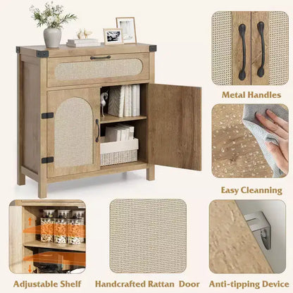 Madia in Legno Naturale con Ante in Rattan, Cassetto e Ripiani Regolabili