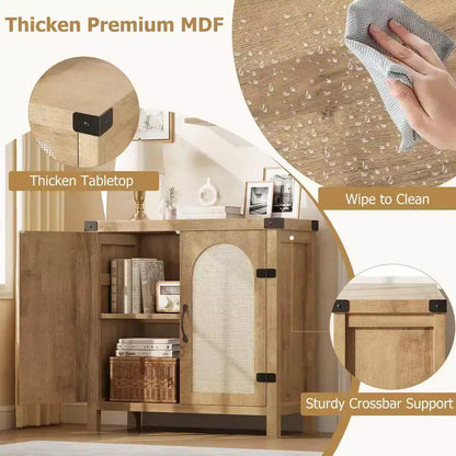 Madia in Legno Naturale con Ante in Rattan, Cassetto e Ripiani Regolabili