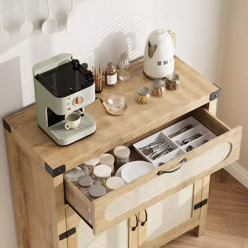 Madia in Legno Naturale con Ante in Rattan, Cassetto e Ripiani Regolabili