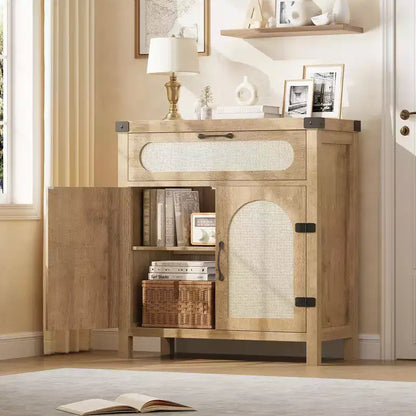 Madia in Legno Naturale con Ante in Rattan, Cassetto e Ripiani Regolabili