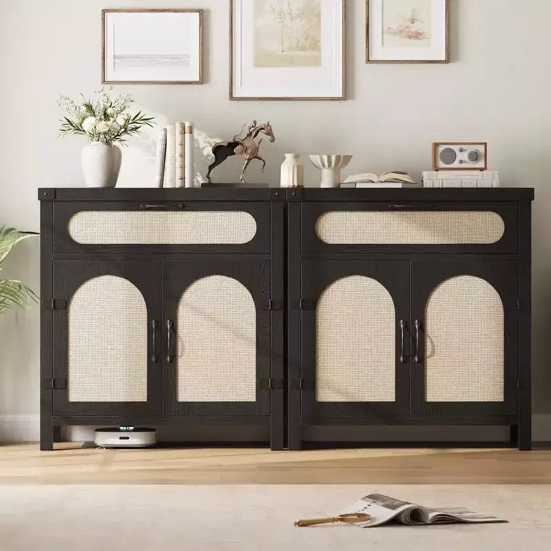 Madia in Legno Naturale con Ante in Rattan, Cassetto e Ripiani Regolabili