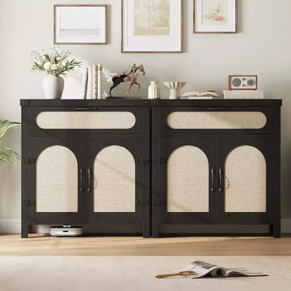 Madia in Legno Naturale con Ante in Rattan, Cassetto e Ripiani Regolabili