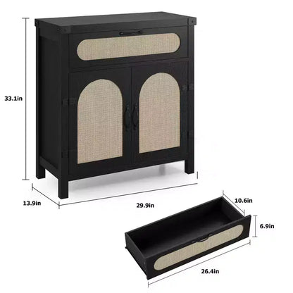 Madia in Legno Naturale con Ante in Rattan, Cassetto e Ripiani Regolabili