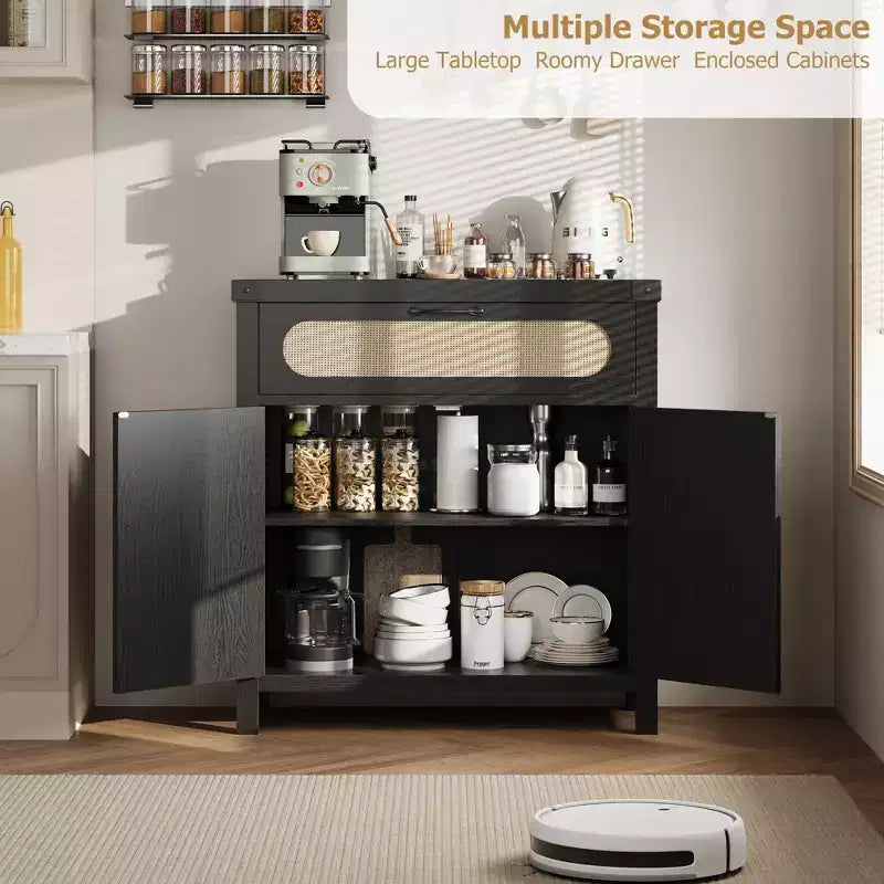 Madia in Legno Naturale con Ante in Rattan, Cassetto e Ripiani Regolabili