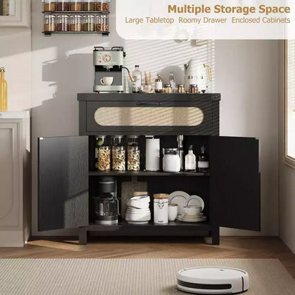 Madia in Legno Naturale con Ante in Rattan, Cassetto e Ripiani Regolabili