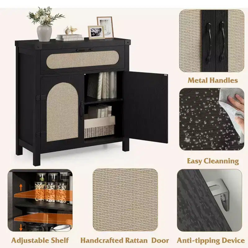 Madia in Legno Naturale con Ante in Rattan, Cassetto e Ripiani Regolabili