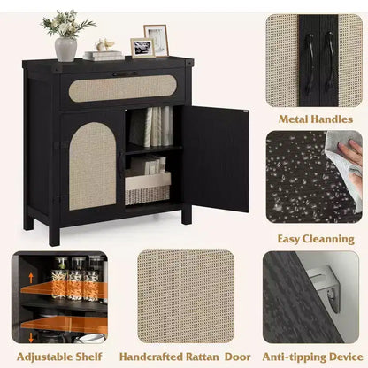 Madia in Legno Naturale con Ante in Rattan, Cassetto e Ripiani Regolabili